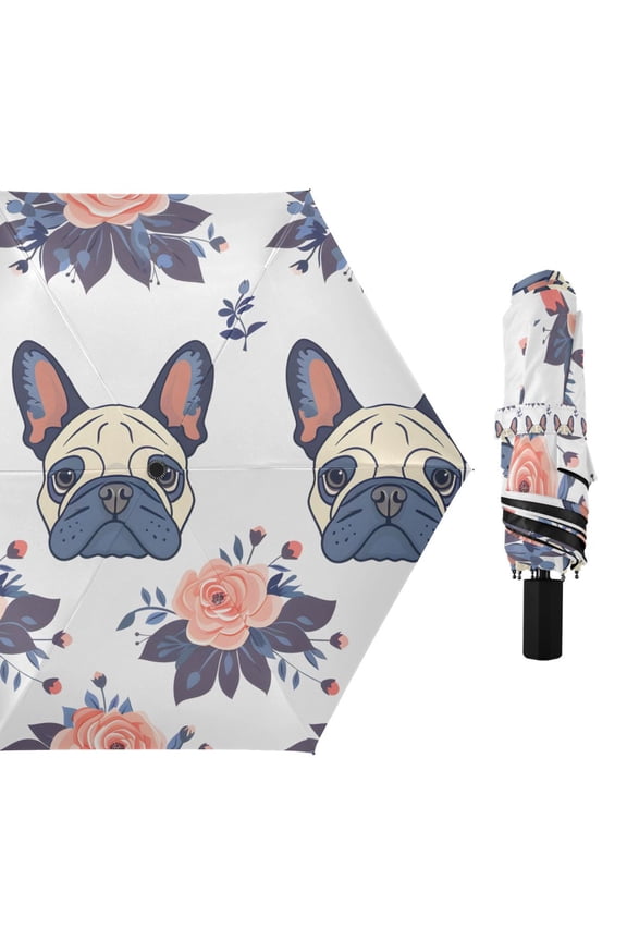 Cartoon French Bulldog Face Compact Sun Umbrella Windproof Travel Umbrellas for Rain Strong Portable UV Protection