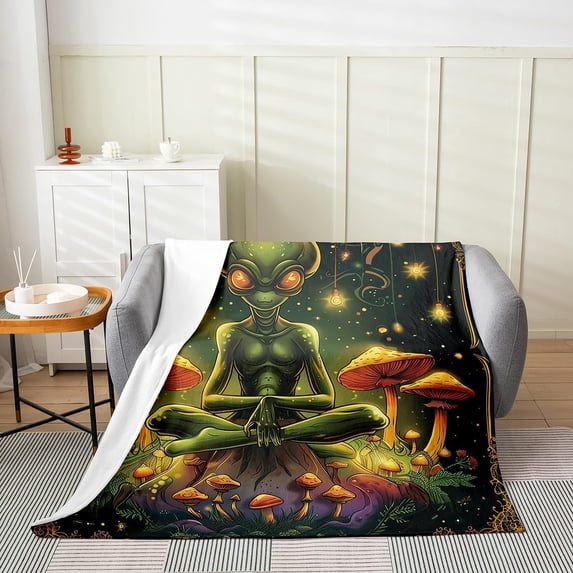 Cartoon Frog Alien Throw Blanket Jungle Mushroom Mysterious Glitter Stars Flannel Blanket for Kids Teens Adults Exotic Style Plants Outer Space Fleece Blanket for Living Room Twin 60x80
