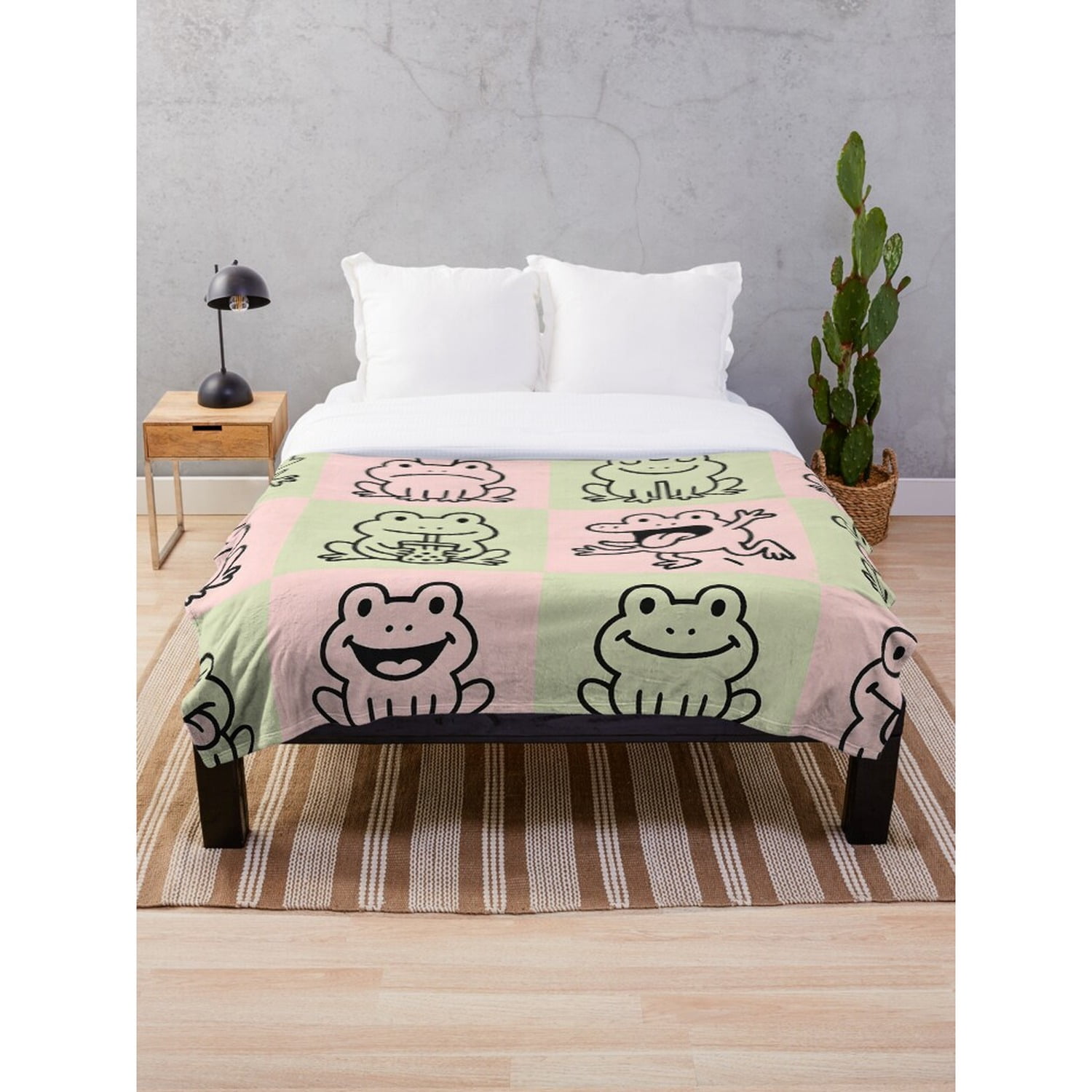 Cartoon Frog Checkerboard Fleece Blanket, Pastel Pink, Green and Black ...