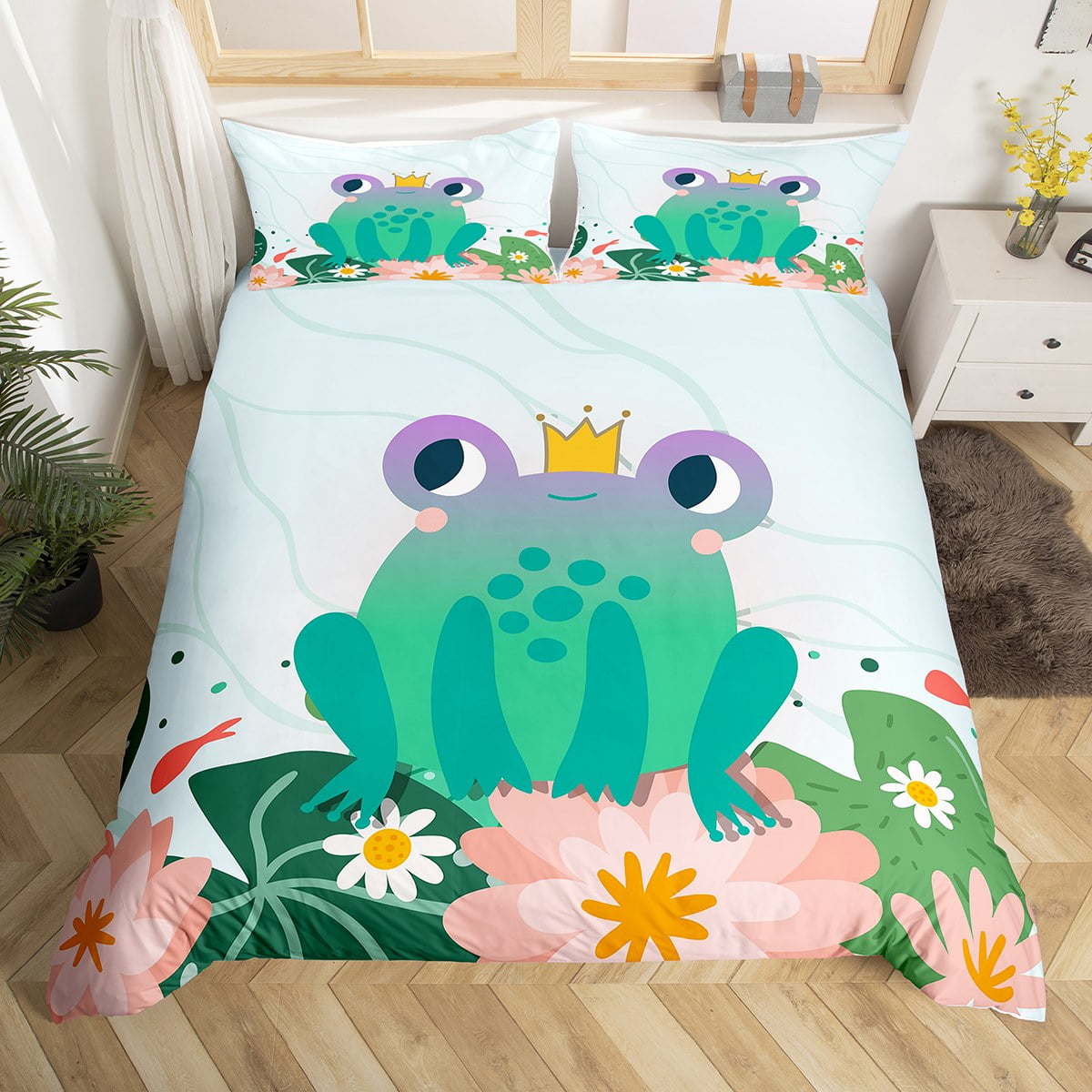 Cartoon Frog Comforter Cover Queen Size Kids Boys Girls Kawaii Animal Duvet Cover Watercolor ...