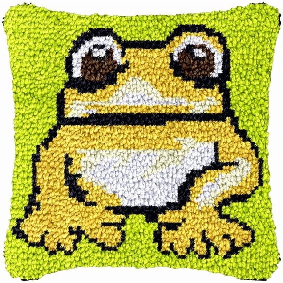 Cartoon Frog Latch Hook Pillowcase Kits for Adults and Starter DIY Cushion Cross Stitch Latch Hook Rug Kits with Preprinted Canvas Crochet Yarn Kits Needlework Crafts 17'' X 17''