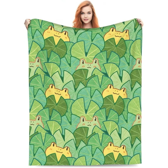 Cartoon Frog and Lotus Leaf Illustration Blanket Green Frog Gifts Throw Blanket for Women Frog Lovers Super Soft Flannal Frog Throw Blanket for Bedding Couch Sofa Decor 80X60 Inch