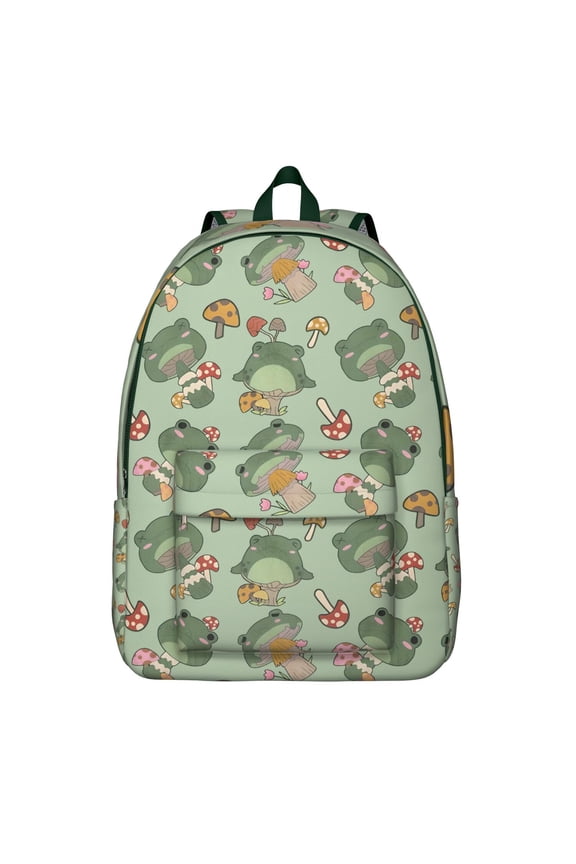 Cartoon Frog Pattern Backpack – Cute Nature Forest Print Daypack with Green Frog and Plant Motifs