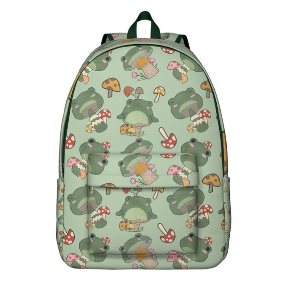 Cartoon Frog Pattern Backpack – Cute Nature Forest Print Daypack with Green Frog and Plant Motifs