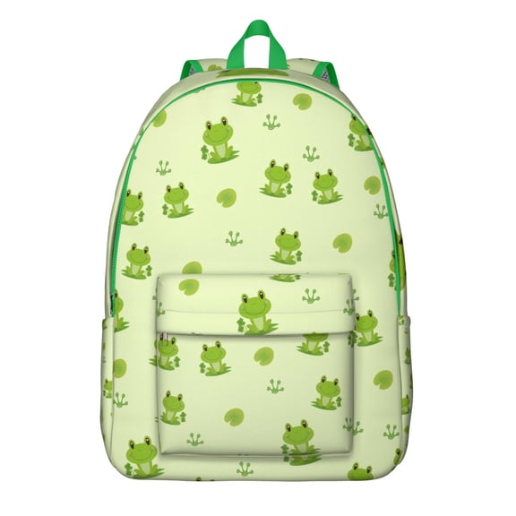 Cartoon Frog Pattern Backpack – Cute Nature Forest Print Daypack with Green Frog and Plant Motifs