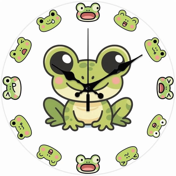 Cartoon Frog Pattern Wall Clock Cute Frog Non-Ticking Clock 12 Inch Round Decorative Clocks Printed Wall Clocks for Home Office Decoration Rhinestone Crystal