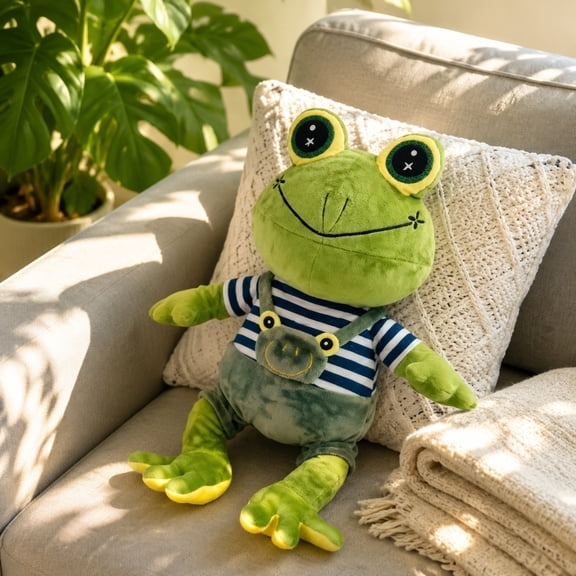 Cartoon Frog Plush Fluffy Pond Creature Stuffed Animal Cuddly Overalls Wearing Frog Gifts for Bedroom Rest and Holiday Gift Giving