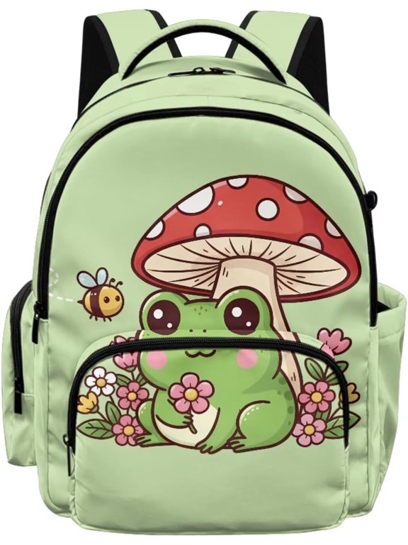 Cartoon Frog Print Backpack,Bee Mushroom Printed Backpack Large Capacity,Portable Schoolbag Bookbag with Multi Pockets