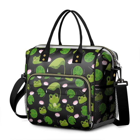 Cartoon Frog Print Insulated Lunch Cooler Bag, Large Leakproof Lunch Tote with Nature and Plant Patterns, Perfect for Work, School, or Picnic