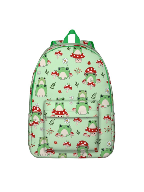 Cartoon Frog School Backpack, Waterproof Bookbag with Cute Green Frog, Mushroom, and Nature Pattern for Teens