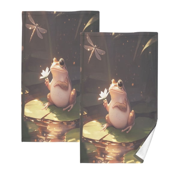 Cartoon Frog Set of 2 Pure Cotton Towels, 16'' x 28'', Highly Absorbent and Soft