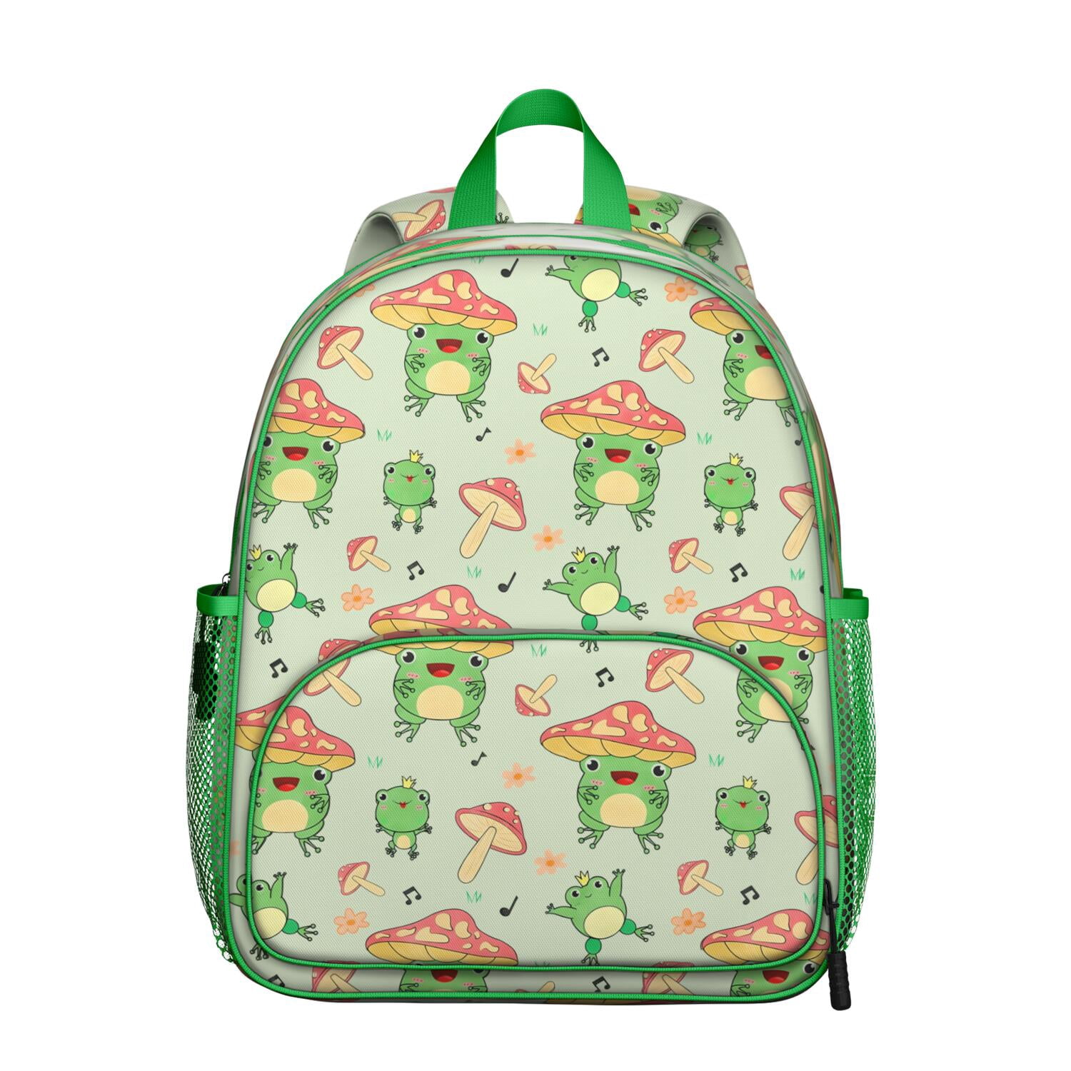 Cartoon Frog Student Backpack – Cute Green Frog Print With Mushroom ...