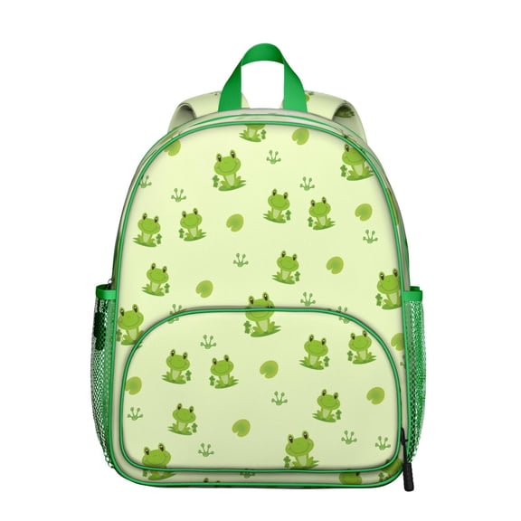 Cartoon Frog Student Backpack – Cute Green Frog Print With Mushroom Flower Plant Nature Pattern