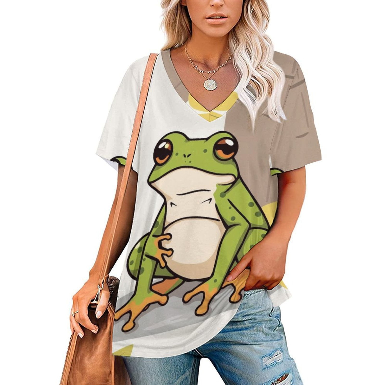 Cartoon Frog T Shirts V Neck Short Sleeve Print Top Tees