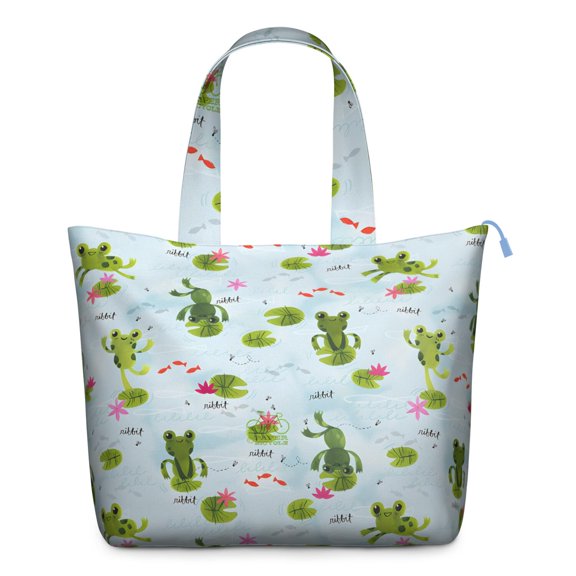 Cartoon Frog Travel Duffel, Green Frog and Flower Pattern Weekender Tote Bag, Cute Nature Print Multipurpose Lightweight Carry-on for Travel