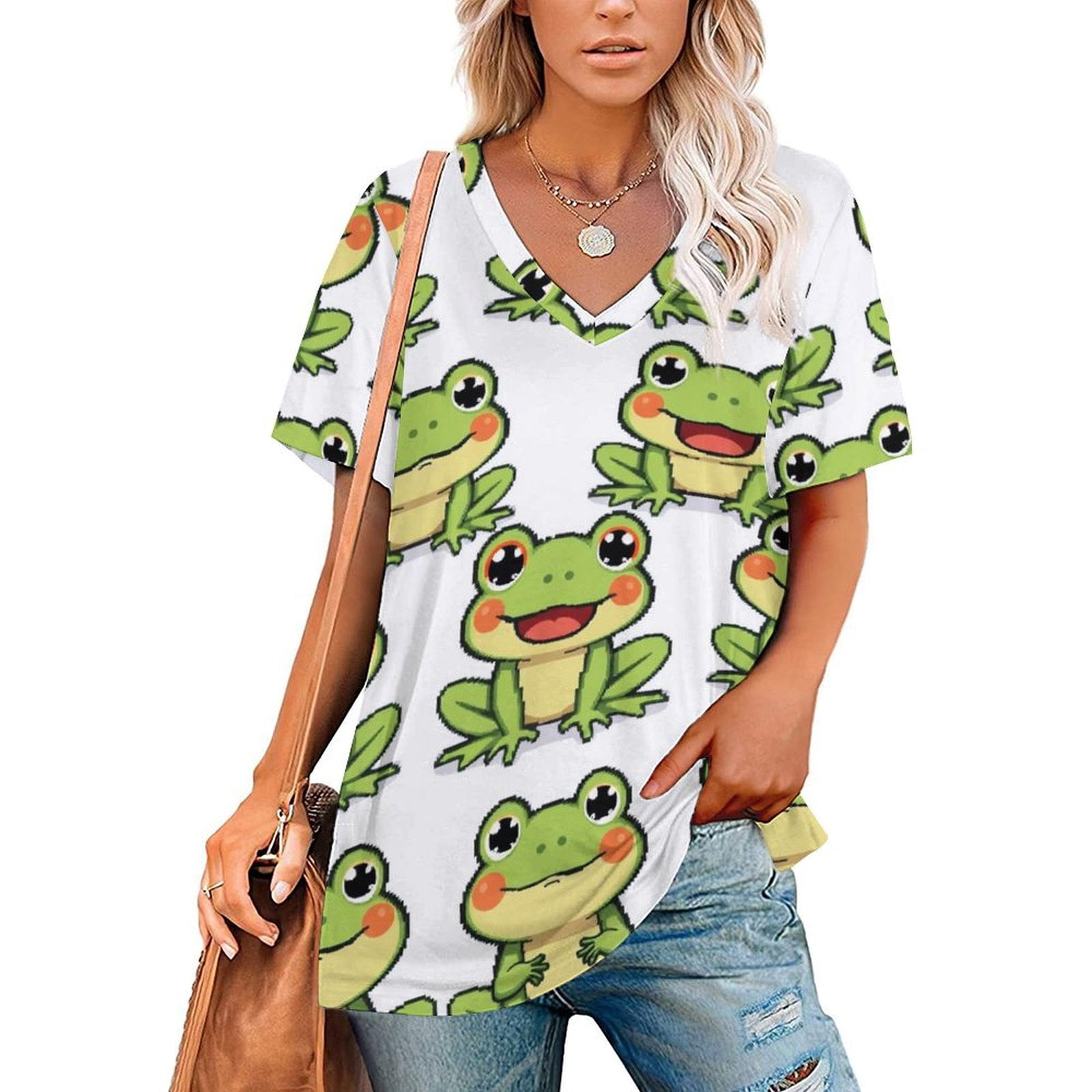 Cartoon Frog V Neck Fashion Oversize T-Shirt Short Sleeve Aesthetic Tee ...