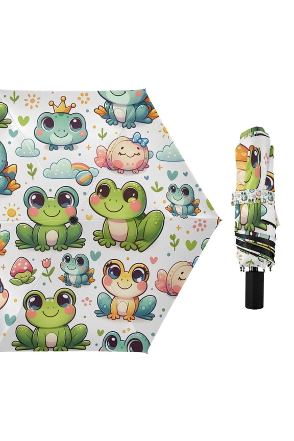 Cartoon Frog with Cloud Compact Sun Umbrella Windproof Travel Umbrellas for Rain Strong Portable UV Protection
