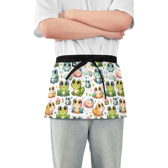 Cartoon Frog with Cloud Server Apron with 3 Pockets Waterproof Waitress Waist Short Apron for Man Woman 12 Inches