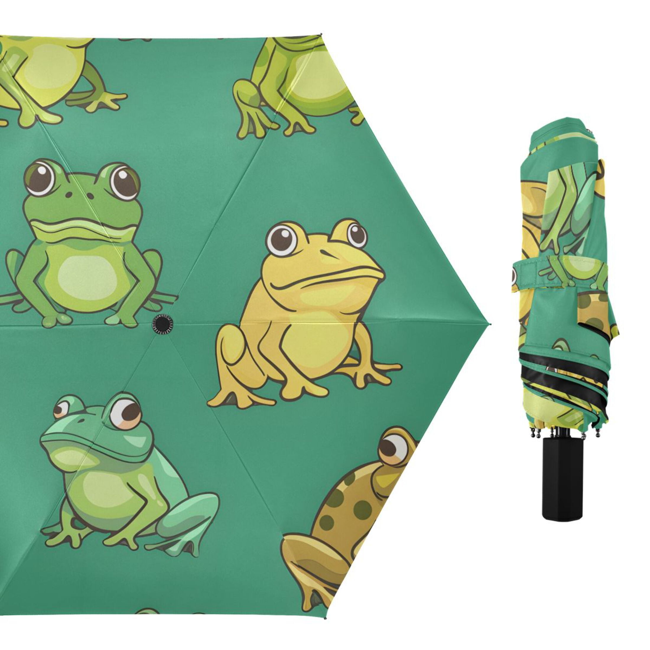 Cartoon Frogs All Weather Umbrella Triple Folding Parasol 6 Ribs UV Protection Portable
