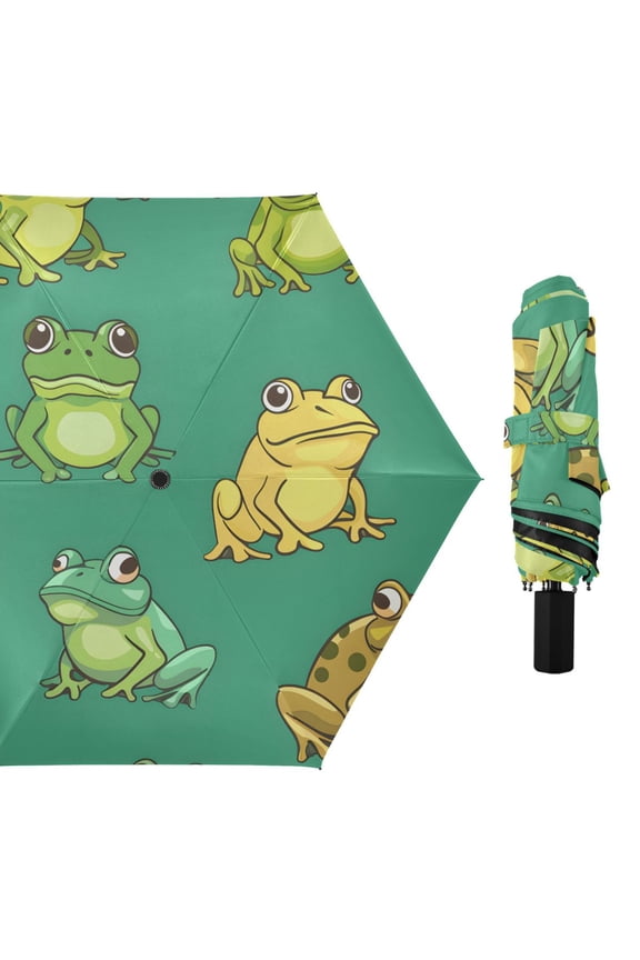 Cartoon Frogs All Weather Umbrella Triple Folding Parasol 6 Ribs UV Protection Portable