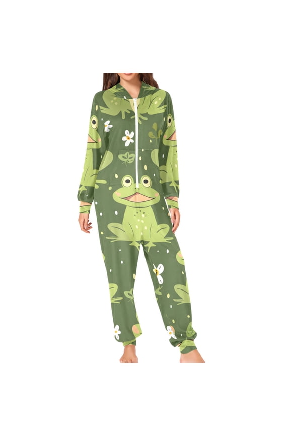 Cartoon Frogs Leaves Flowers Adult's Hoodie Onesie Jumpsuit One-Piece Pajamas with Zipper Unisex for Holiday XL