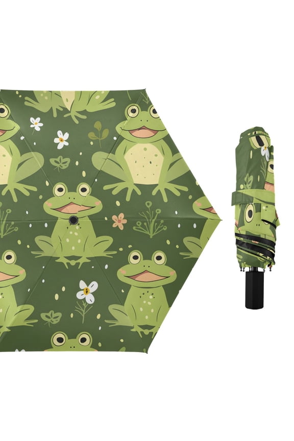 Cartoon Frogs Leaves Flowers All Weather Umbrella Triple Folding Parasol 6 Ribs UV Protection Portable