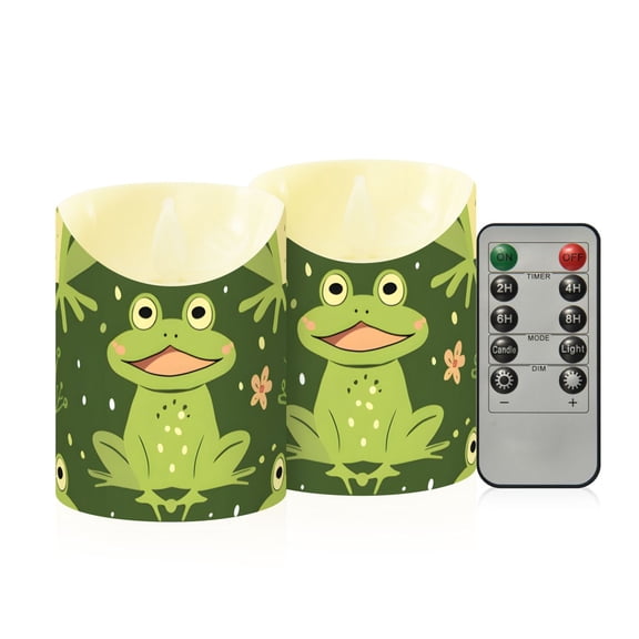 Cartoon Frogs Leaves Flowers Flickering Flameless Candles with Remote Timer Battery Operated LED Tealight Set of 2 S