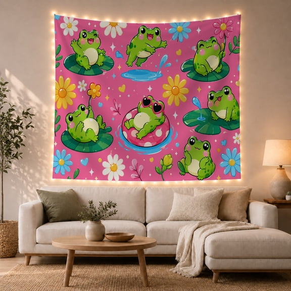 Cartoon Frogs on Pink Pond Flowers and Lily Pads, Playful Cottagecore for Frog Lovers, Kawaii Wall Decor, Birthday Gift, Tapestry Wall Hanging for Bedroom and Dorm