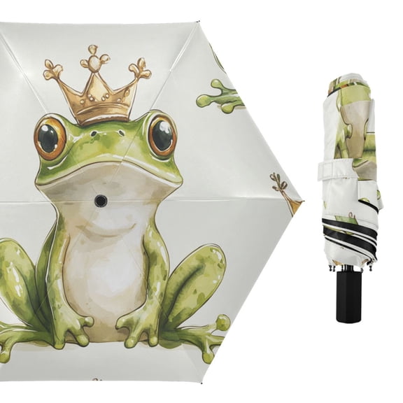 Cartoon Frogs with Crowns All Weather Umbrella Triple Folding Parasol 6 Ribs UV Protection Portable