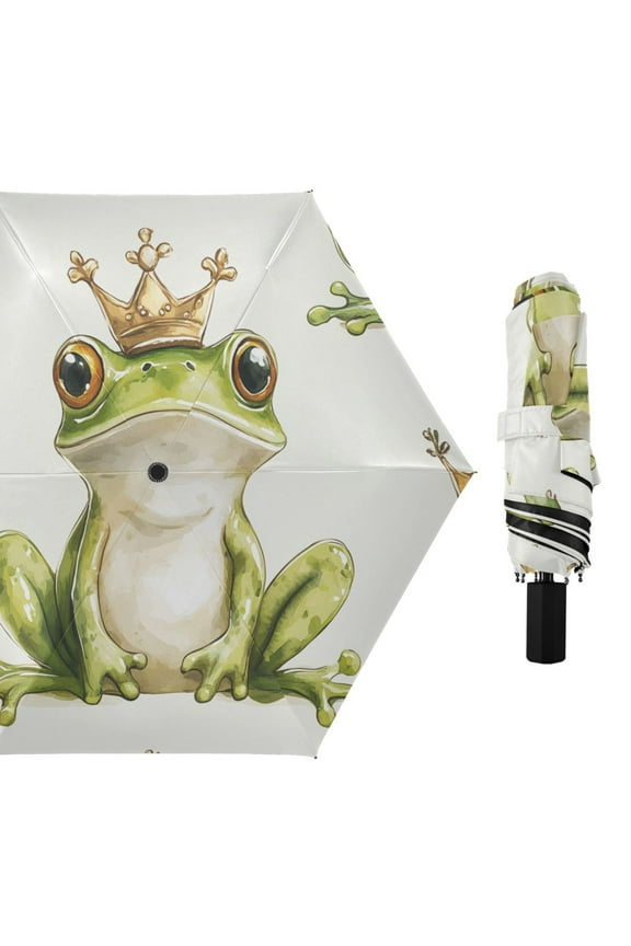 Cartoon Frogs with Crowns All Weather Umbrella Triple Folding Parasol 6 Ribs UV Protection Portable