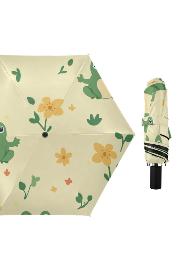 Cartoon Frogs with Flowers and Leaves All Weather Umbrella Triple Folding Parasol 6 Ribs UV Protection Portable