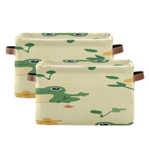 Cartoon Frogs with Flowers and Leaves Square Storage Bins with Handles Collapsible Containing Box 2 Packs