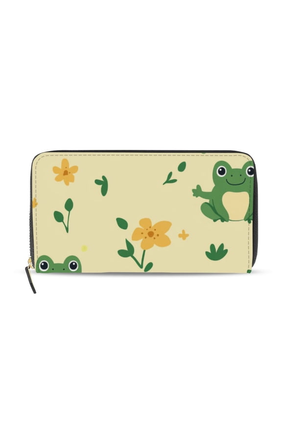 Cartoon Frogs with Flowers and Leaves Women's Long Zipper Wallet Bifold Clutch Purse PU Leather Card Cases