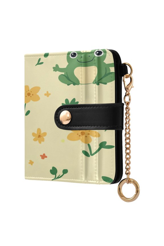 Cartoon Frogs with Flowers and Leaves Women's Wallet PU Leather Card Cases RFID Blocking Purse Billfold with Key Ring