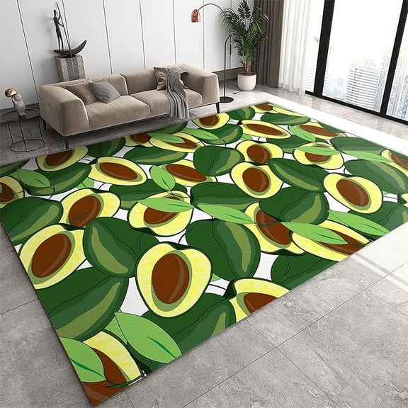 Cartoon Fruit Avocado Area Rugs, Abstract Green Brown Print Indoor Non-Slip Bedroom Rug, Machine Washable Living Room Carpet For Dining Room Kitchen Kids Room Apartment Corridor 5 x 7ft