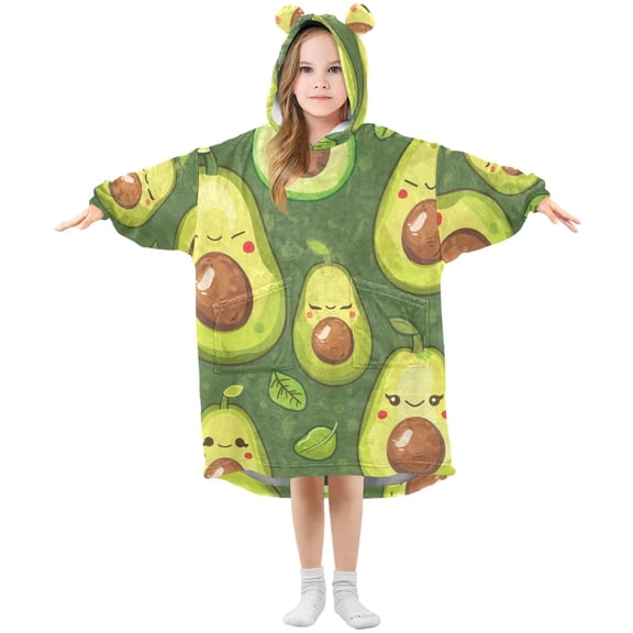 Cartoon Fruit Cute Avocados Leaves Flannel Wearable Blankets Hooded Design Long Sleeves Wrap Unisex for 3T-14Y S