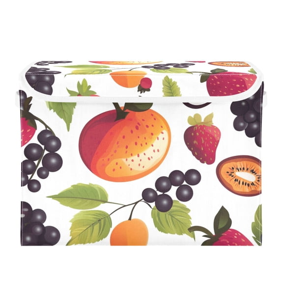 Cartoon Fruit Pattern Large Storage Bins with Linen Collapsible Lid Storage Box 16.7 x 12.6 x 11.8in