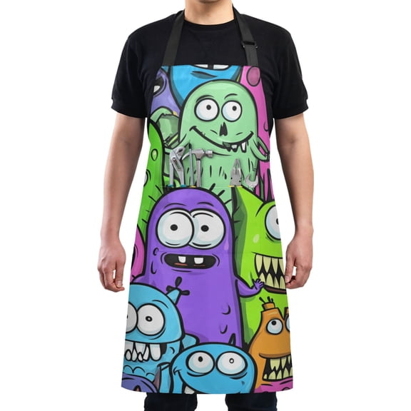 Cartoon Fun Monster Chef Kitchen Apron with Pockets for Women Waterproof Aprons for Cooking Baking