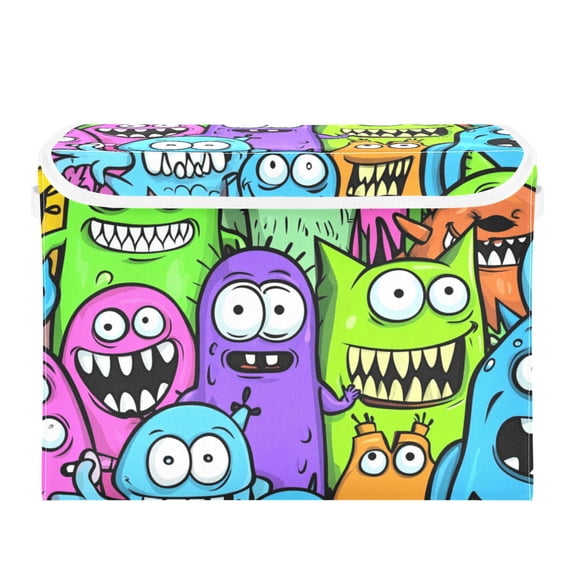 Cartoon Fun Monster Large Storage Bins with Linen Collapsible Lid Storage Box 16.7 x 12.6 x 11.8in