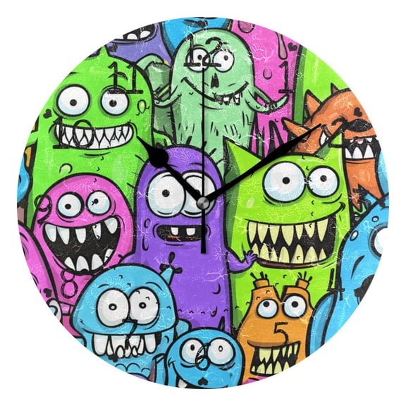 Cartoon Fun Monster Round Wall Clock Silent Battery Operated Home Decor for Living Room Bedroom
