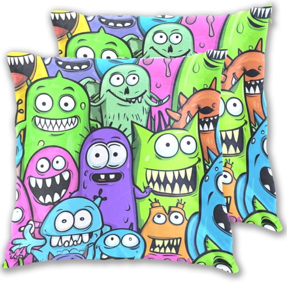 Cartoon Fun Monster Throw Pillow Covers 16x16 Inch 2 Packs Decorative Square for Living Room Couch Bed Sofa