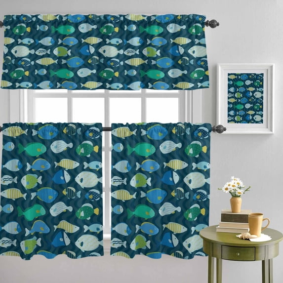 Cartoon Funny Blue Stripes Little Fish Curtain Tier and Valance Set 3 Piece, Ocean Waves 3-inch Rod Pocket Window Tier Curtains Valance for Kitchen Living Room