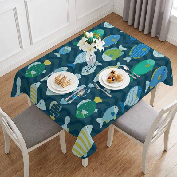 Cartoon Funny Blue Stripes Little Fish Table Cloth 60x84in, Waterproof Rectangle Tablecloth Wipeable Tablecloths Ocean Waves Table Covers for Dining Tables Party Indoor Outdoor