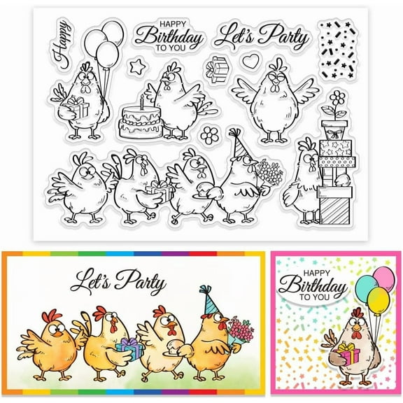 Cartoon Funny Chicken Birthday Clear Stamp Custom Silicone Clear Stamps for DIY Scrapbooking Photo Album Decorative Cards Making Chick 6.3X 4.33x 0.12inch