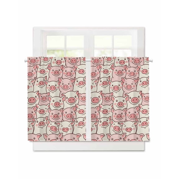 Cartoon Funny Cute Pink Pig Short Blackout Curtains 36 Inch Long,Abstract Seamless Animals Rod Pocket Kitchen Curtains,2 Panels Thermal Insulated Room Darkening Drapes for Bedroom,30"W x 36"L