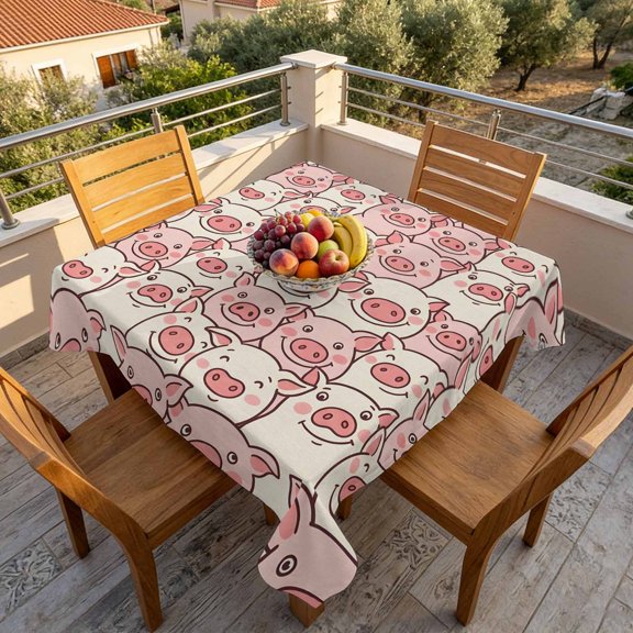 Cartoon Funny Cute Pink Pig Table Cloth 60x60in, Waterproof Square Tablecloth Wipeable Tablecloths Abstract Seamless Animals Table Covers for Dining Tables Party Indoor Outdoor