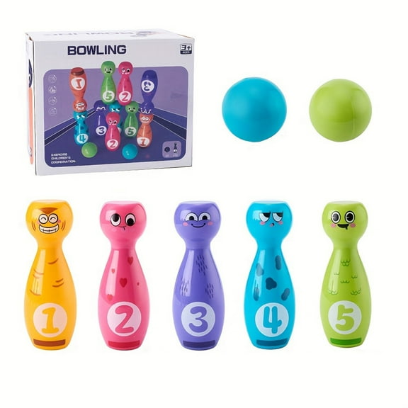 Cartoon Funny Expressions Bowling Set,Includes 10 Plastic Pins & 2 Balls, Indoor Activity Games, Birthday Gifts for Boys Girls