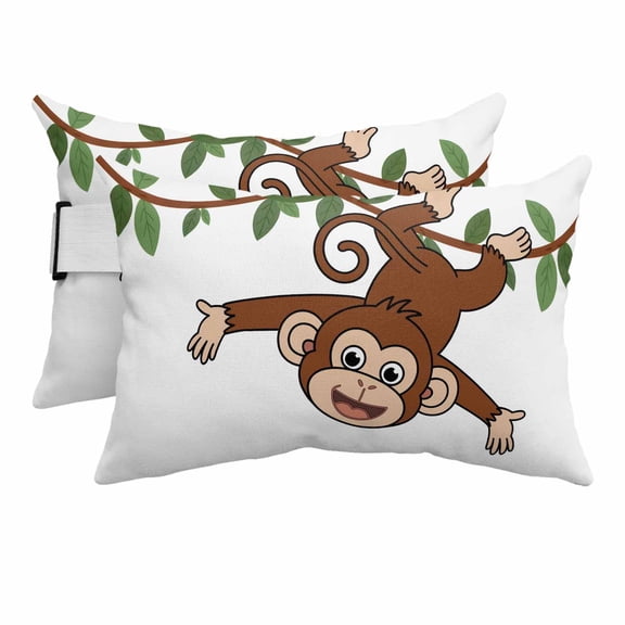 Cartoon Funny Monkey Green Leaves on White Outdoor Pillow for Chaise Lounge Chair,Country Vine Waterproof Headrest Lumbar Pillows with Insert&Elastic Strap for Patio Pool Garden Chairs Decor,2 Pack