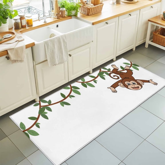 Cartoon Funny Monkey Green Leaves on White Rectangle Area Rug 2x6ft,Living Room Rug Non-Slip Washable Circle Rugs Pad,Country Vine Soft Floor Carpet for Bedroom Dining Room