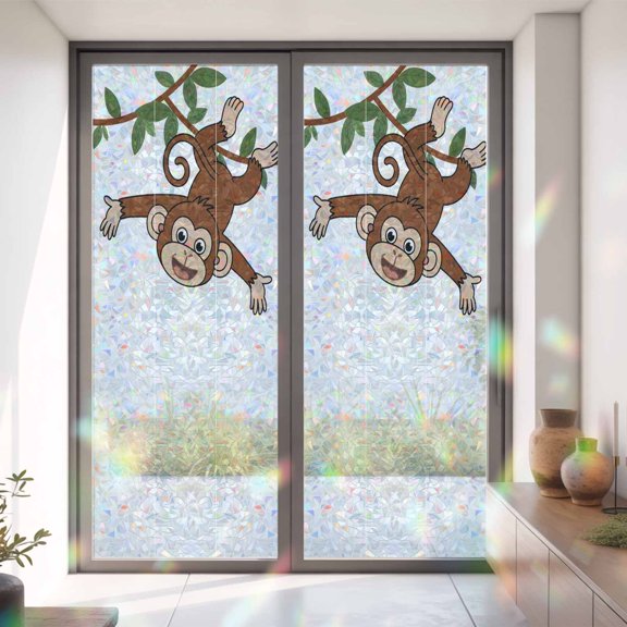 Cartoon Funny Monkey Green Leaves on White Window Privacy Film,Decorative Windows Static Cling Country Vine Heat Control Removable Glass Sticker for Home Bathroom Bedroom Window Door,35x79in